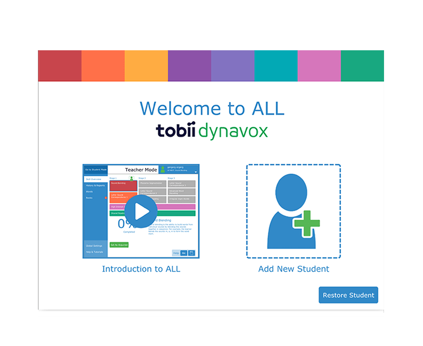 Écran de démarrage de l'alphabétisation accessible Tobii Dynavox