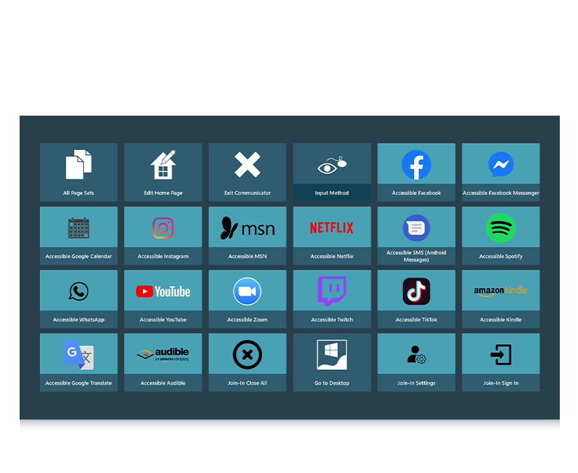 Tobii Dynavox Communicator 5 Capture d'écran de la page d'accueil des applications accessibles