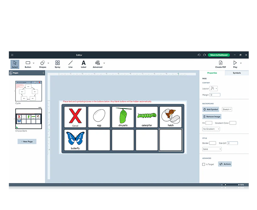 Boardmaker 7 Editeur présentant l'activité de métamorphose des chenilles