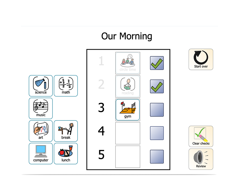 Boardmaker 7 Student Center capture d'écran de l'horaire du matin
