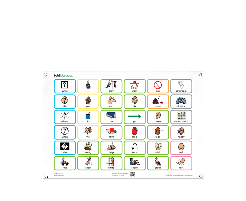 A vinyl AAC communication sign depicting core word vocabulary using picture communication symbols.