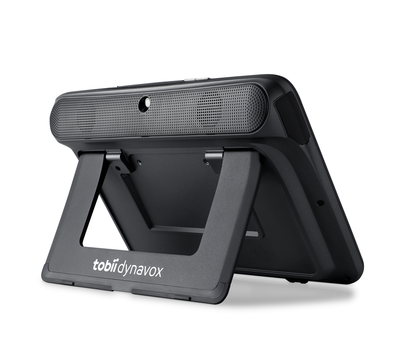 View of the back of Tobii Dynavox TD I-110 communication device featuring integrated stand.