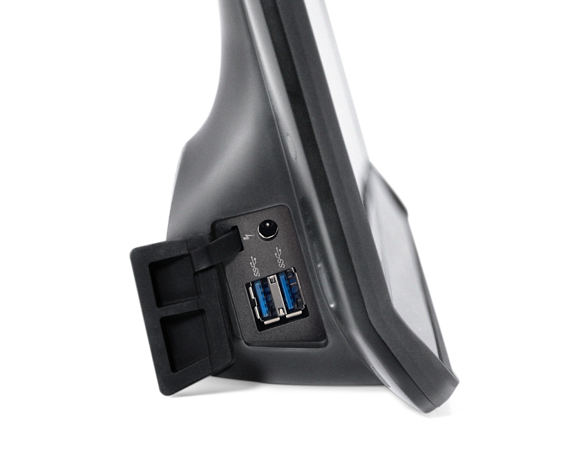 Tobii Dynavox TD I-16 AAC device side view featuring double USB port with protective cover