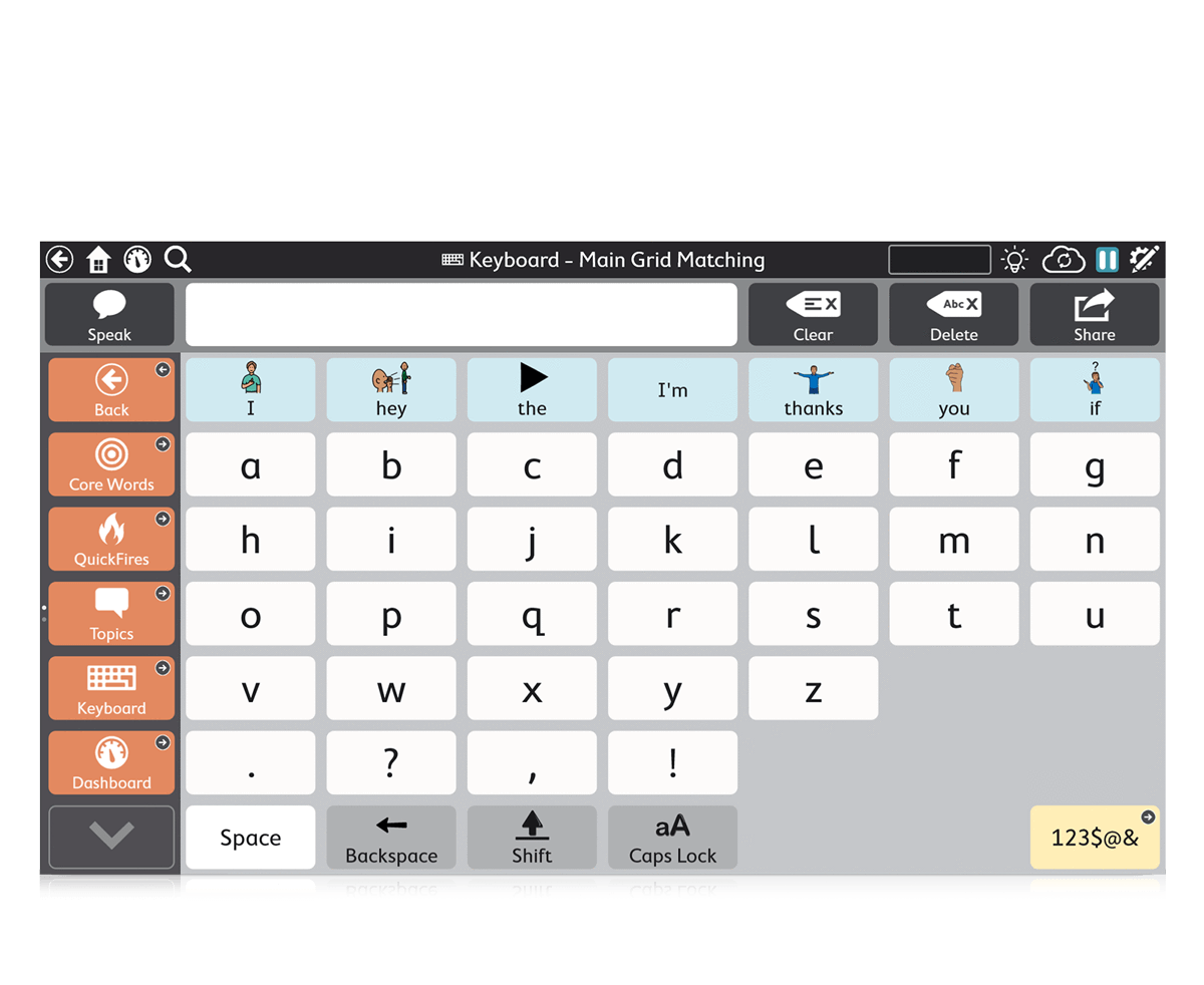 Tobii Dynavox TD Snap Core First page set featuring a keyboard