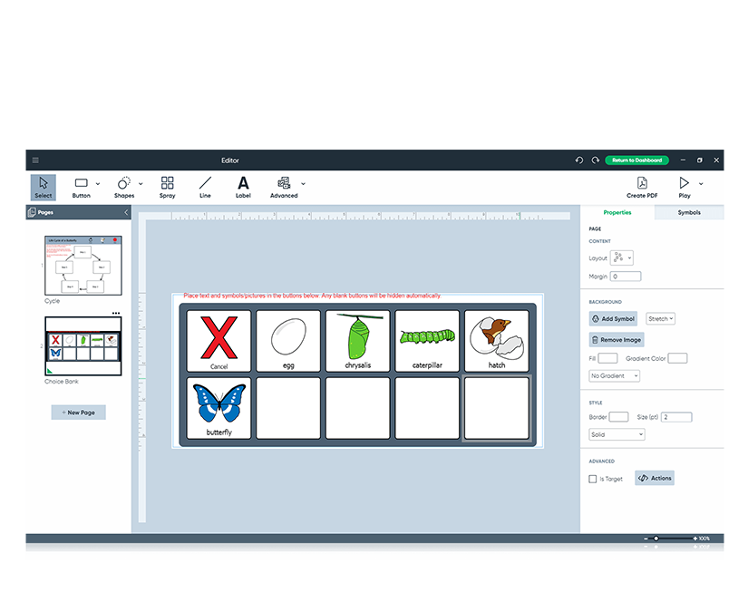 Boardmaker 7 Editor featuring caterpillar metamorphosis activity