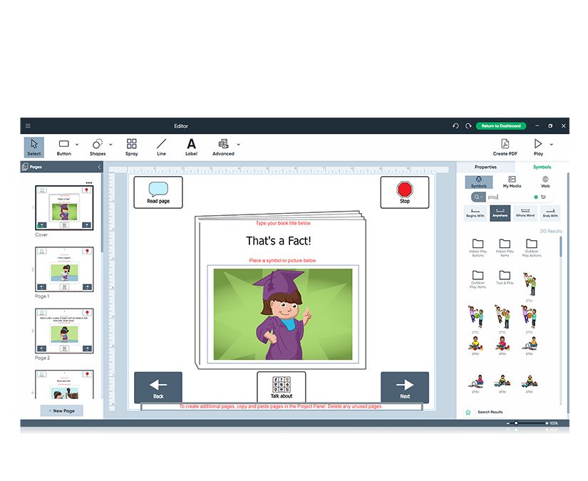 Boardmaker 7 Page de l'éditeur proposant un modèle de livre à construire soi-même