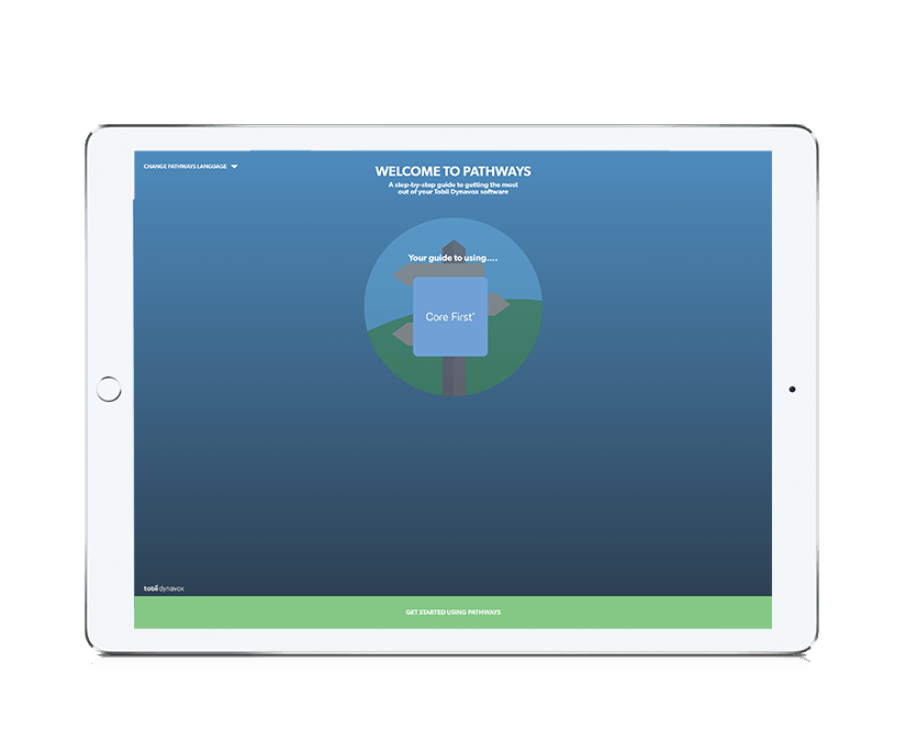 Tobii Dynavox Pathways for Core First écran de démarrage présenté sur un ipad