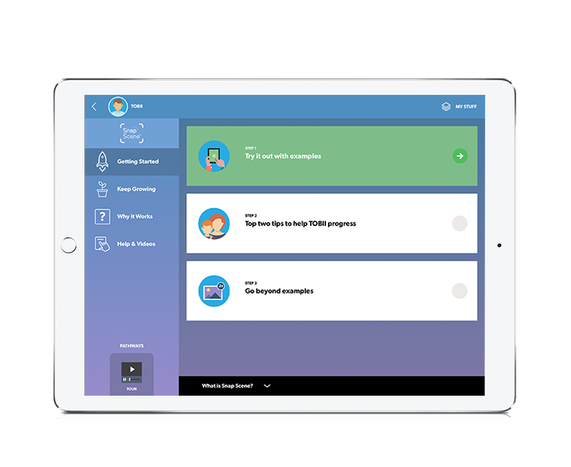 Tobii Dynavox Pathways for Snap Scene présenté sur un ipad