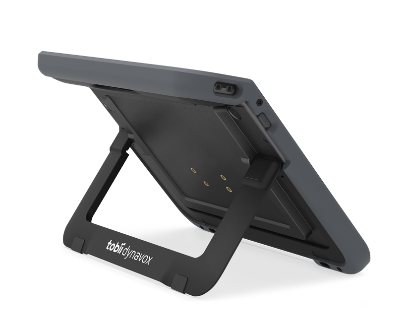 Back view of the Tobii Dynavox TD Navio AAC device featuring integrated stand (foldable leg). 